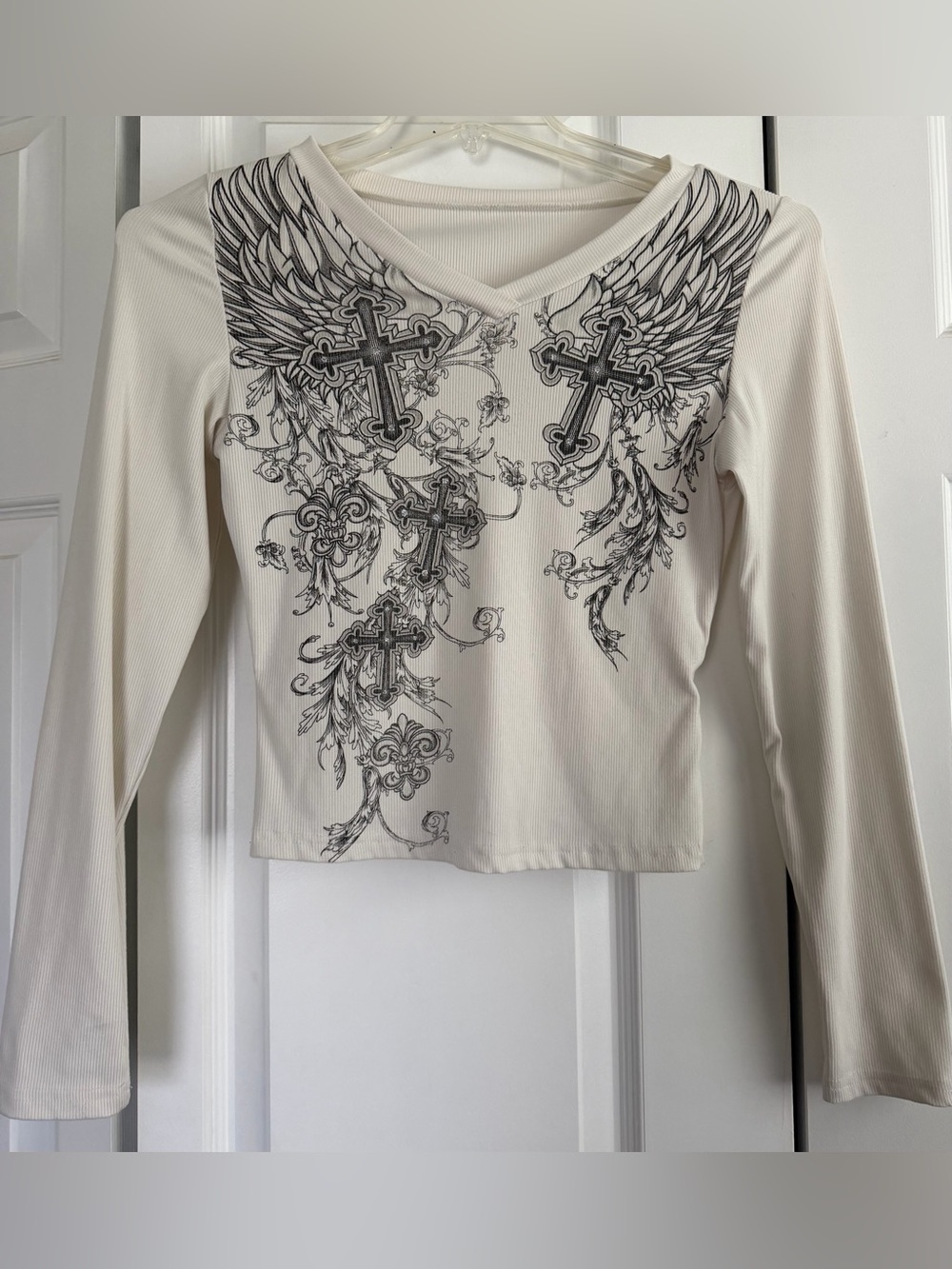 Women's White Long-Sleeve with Gray Cross & Wing Graphics V-Neck Top